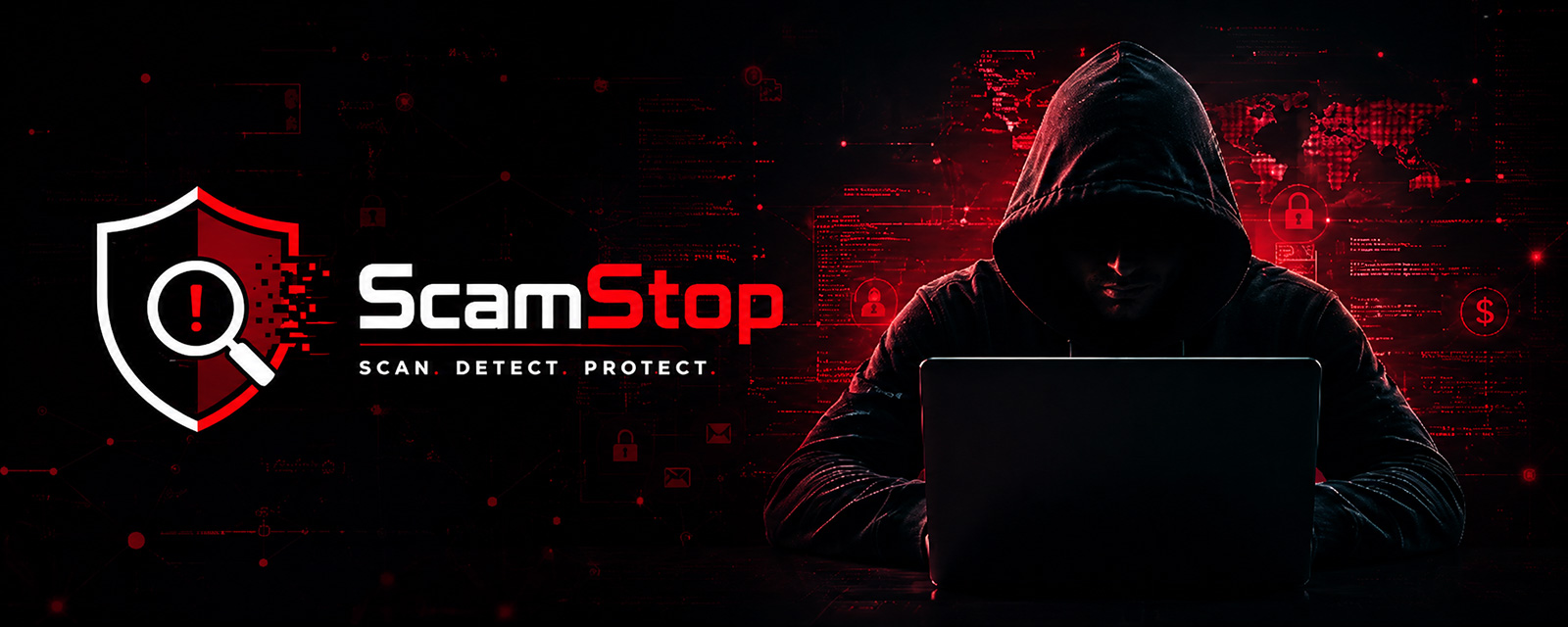 Hooded figure at laptop surrounded by AI and scam-related icons